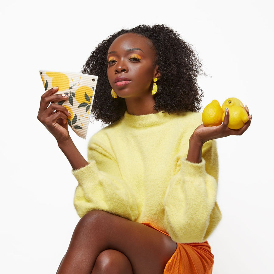 Model holding reusable paper towel with lemon design in one hand and three lemons in the other